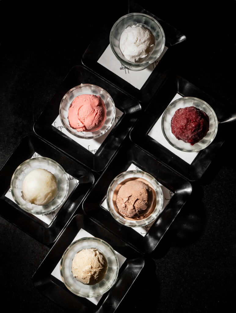 Homemade Ice Cream Selection with vanilla, chocolate and coconut flavours