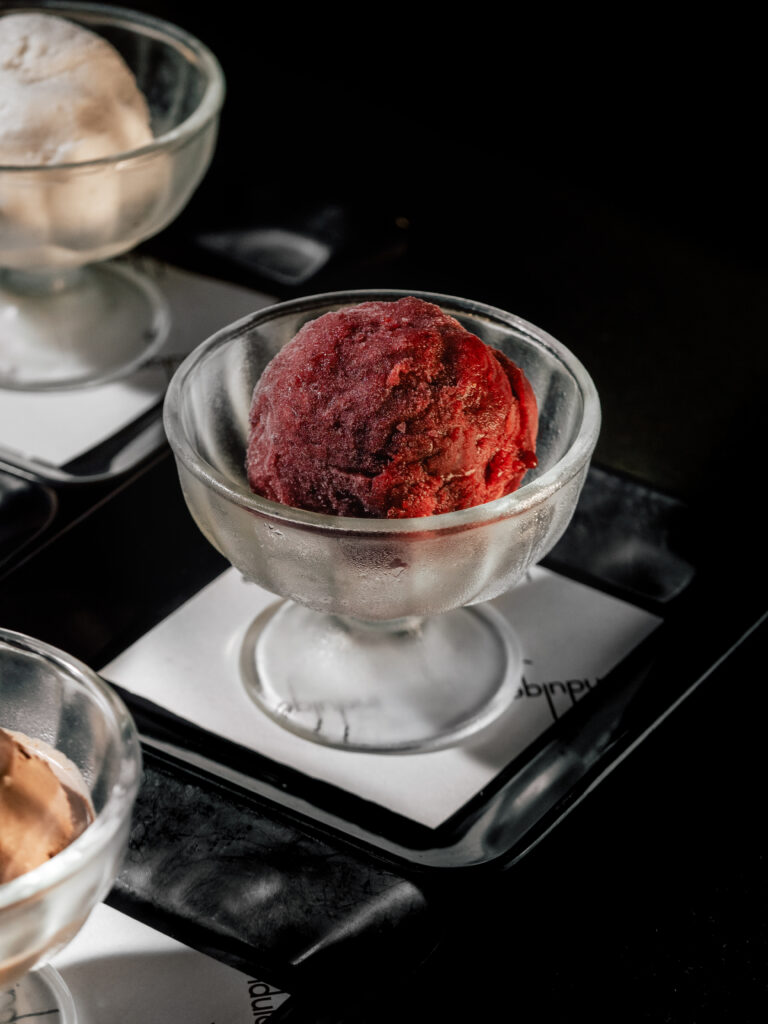Homemade fruit Sorbet Selection with lemon, strawberry and mango flavours